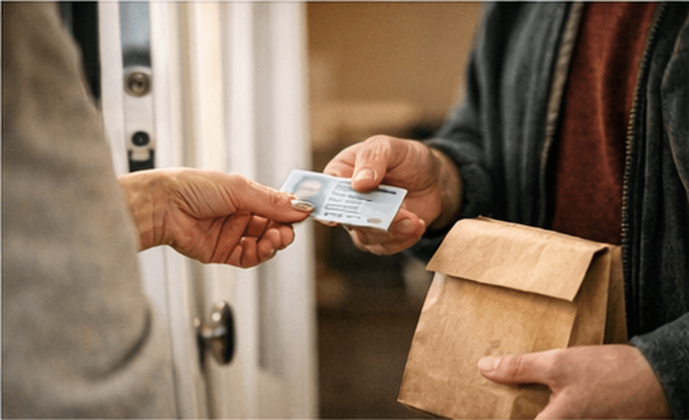 Delivery driver checking ID at the door