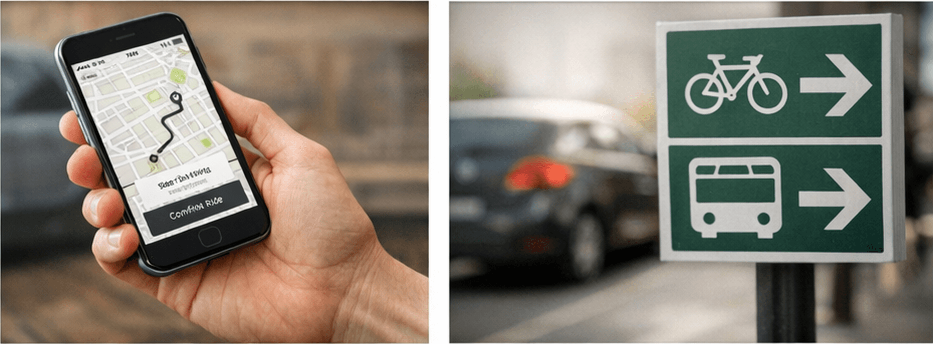 A rideshare app and transit signs showing safe transport alternatives