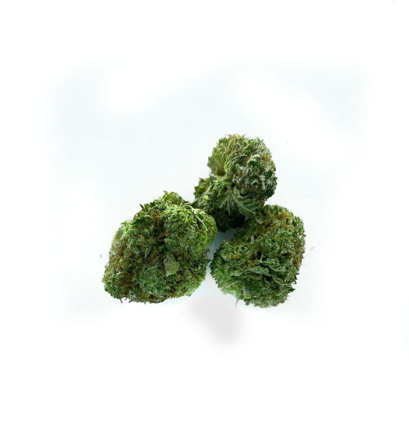 Close-up of Green Crack cannabis flower buds with vibrant green coloring and visible trichomes