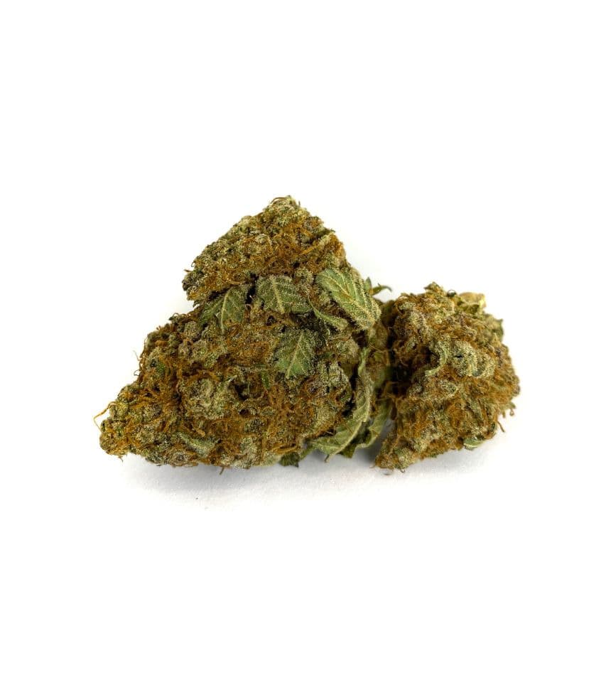 Close-up of Super Silver Haze cannabis flower with frosty silver trichomes and dense green buds