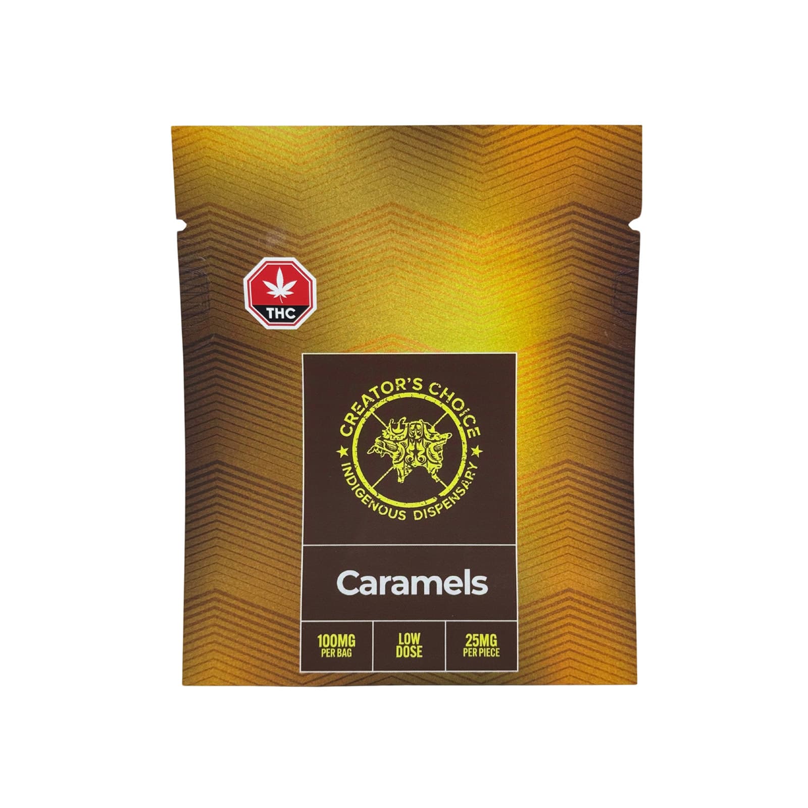 Soft chewy caramel candies individually wrapped, golden brown THC-infused treats from a cannabis edibles collection