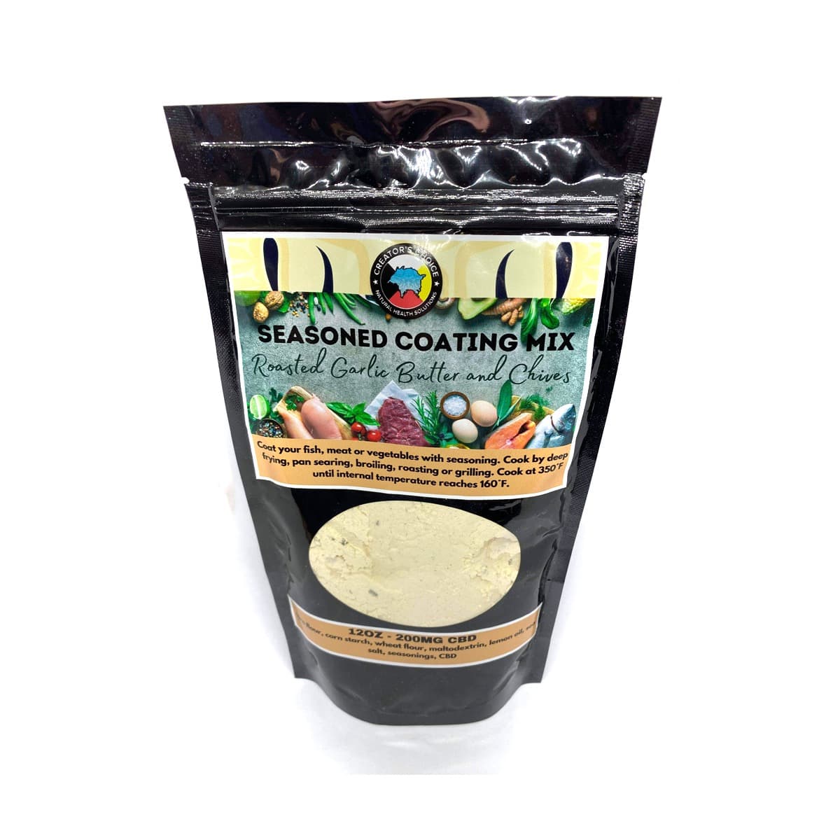 Roasted garlic seasoned coating mix in a small jar or packet with golden spiced breading texture