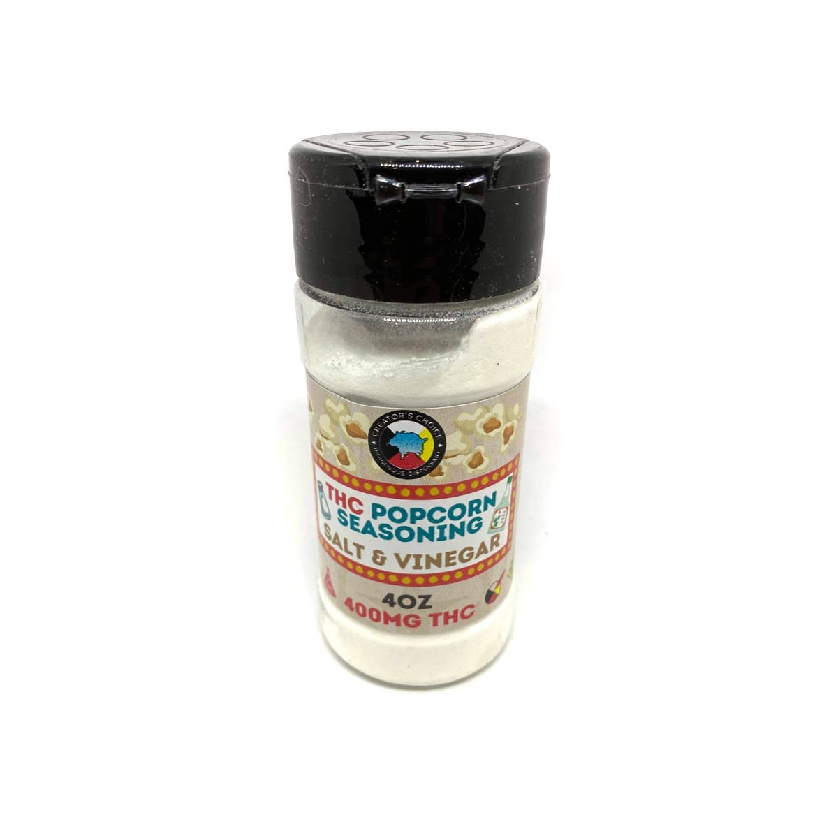 THC infused salt and vinegar popcorn seasoning blend in a small container ideal for flavoring popcorn