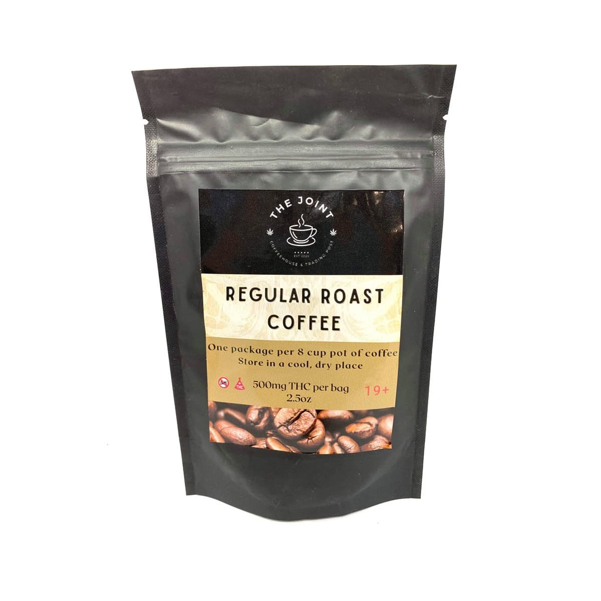The Joint Coffee regular roast cannabis drink packaging with THC edible branding