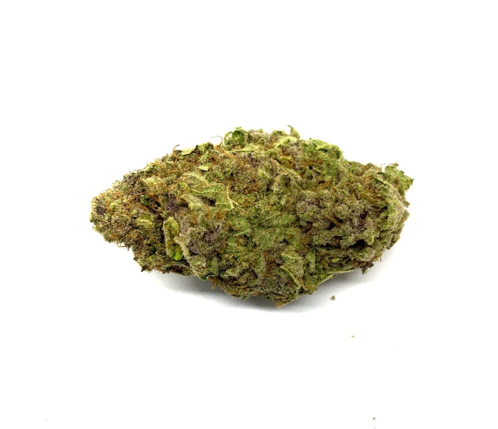 Romulan strain cannabis flower buds with frosty trichomes and dense green structure for recreational use