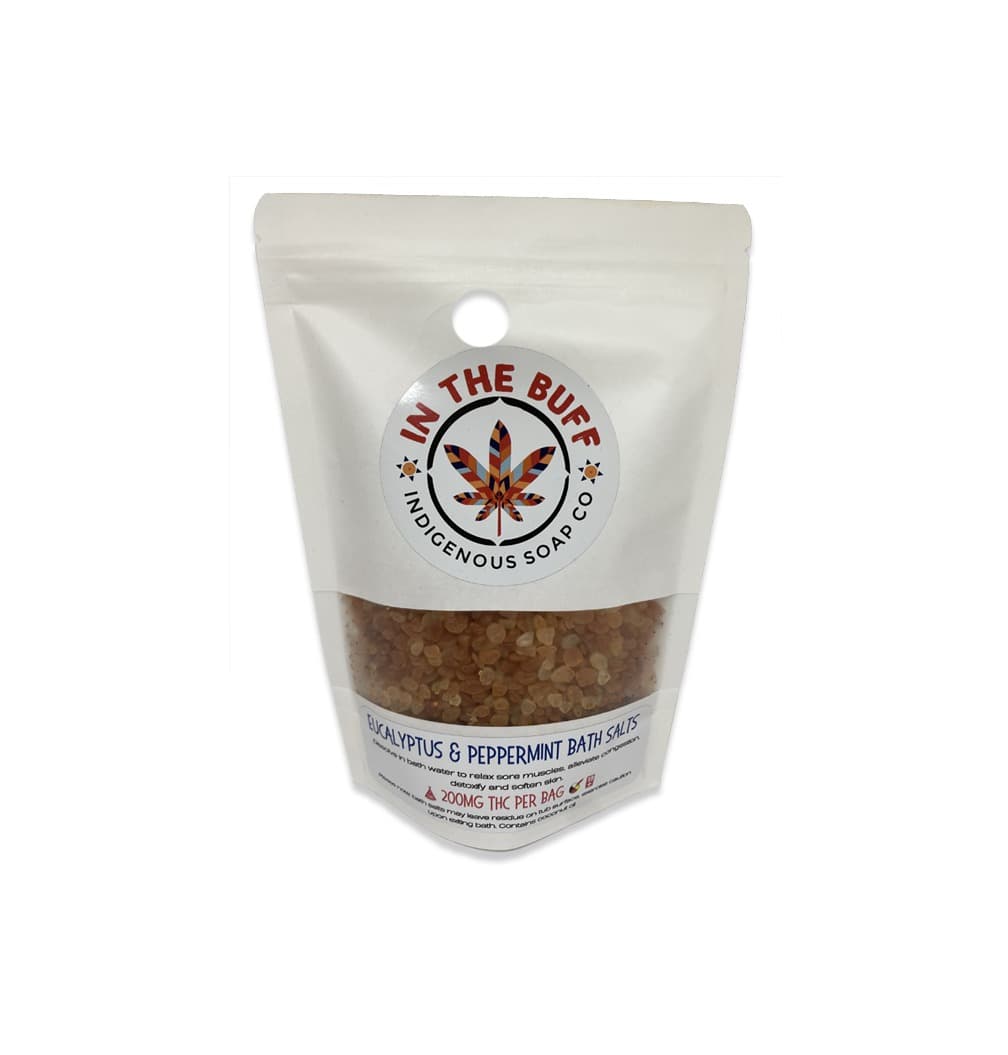 Eucalyptus and peppermint THC bath salts in a jar with green herbal accents and refreshing spa aesthetic