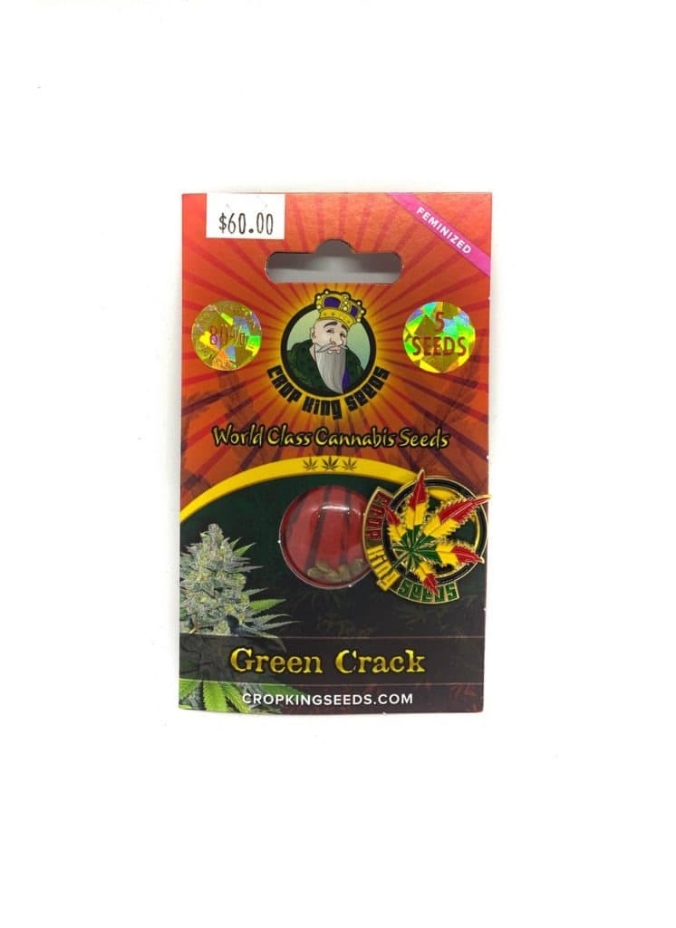Small green cannabis seeds labeled Green Crack variety displayed in bulk quantity