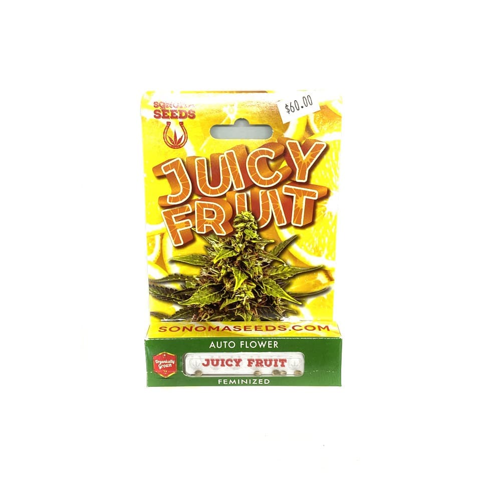 Juicy Fruit bubblegum flavored cannabis seeds product packaging from Company 194