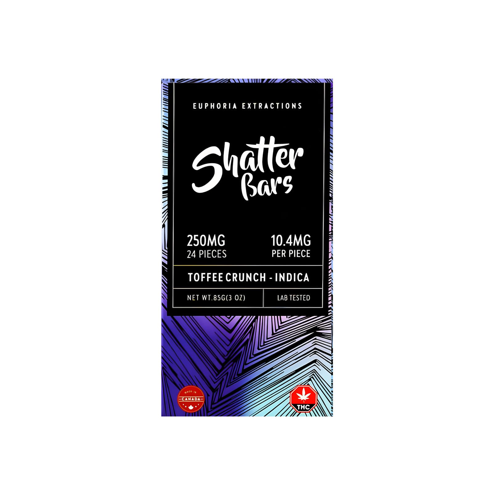 Euphoria Extractions Shatter Bars toffee crunch indica edible chocolate bar with cannabis infused THC shatter