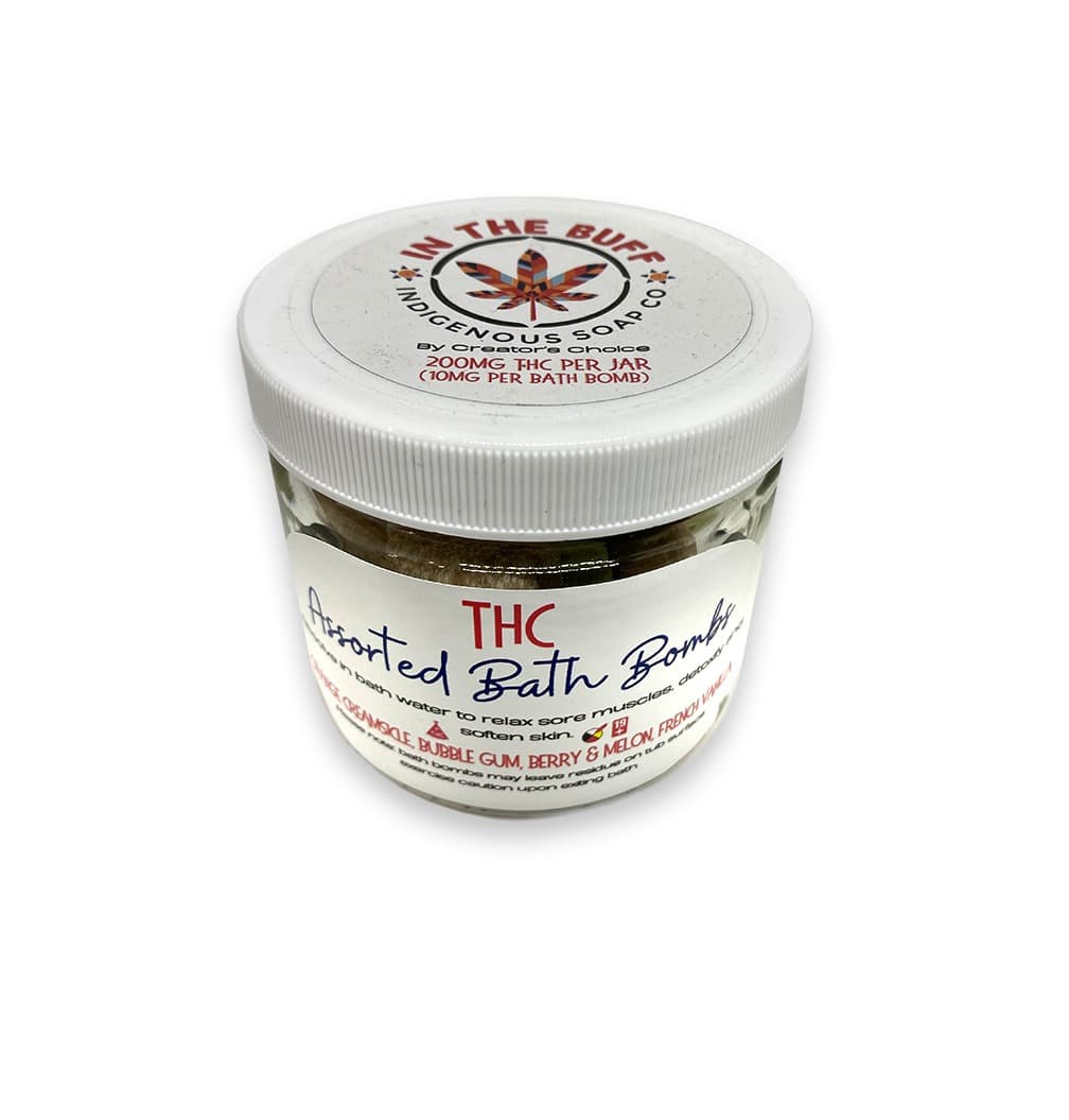 Assorted THC and CBD bath bombs in various colors for therapeutic relaxation and relief