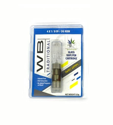 OG Kush glass vape cartridge with amber concentrate, sleek clear chamber and mouthpiece for THC oil