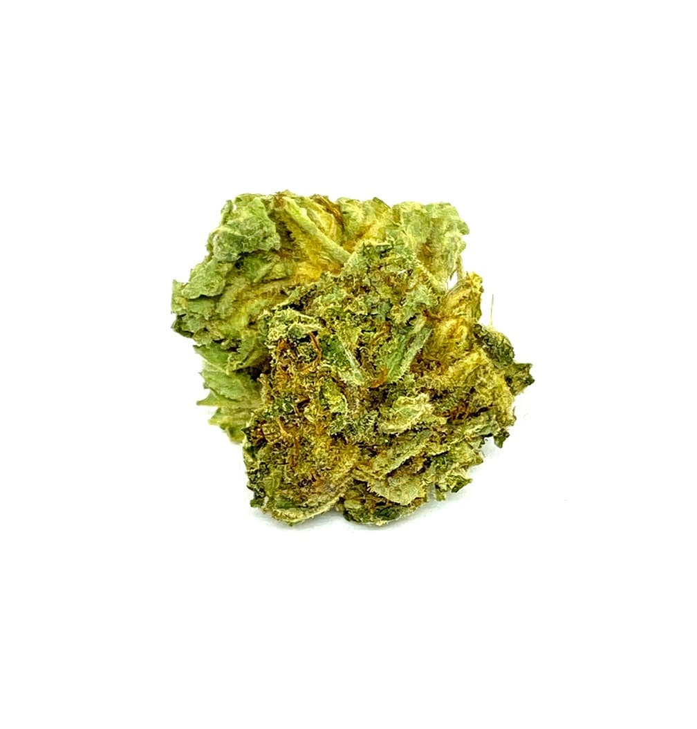 Trainwreck Nuclear Haze cannabis strain close-up with dense frosty green buds and hazy trichome coverage