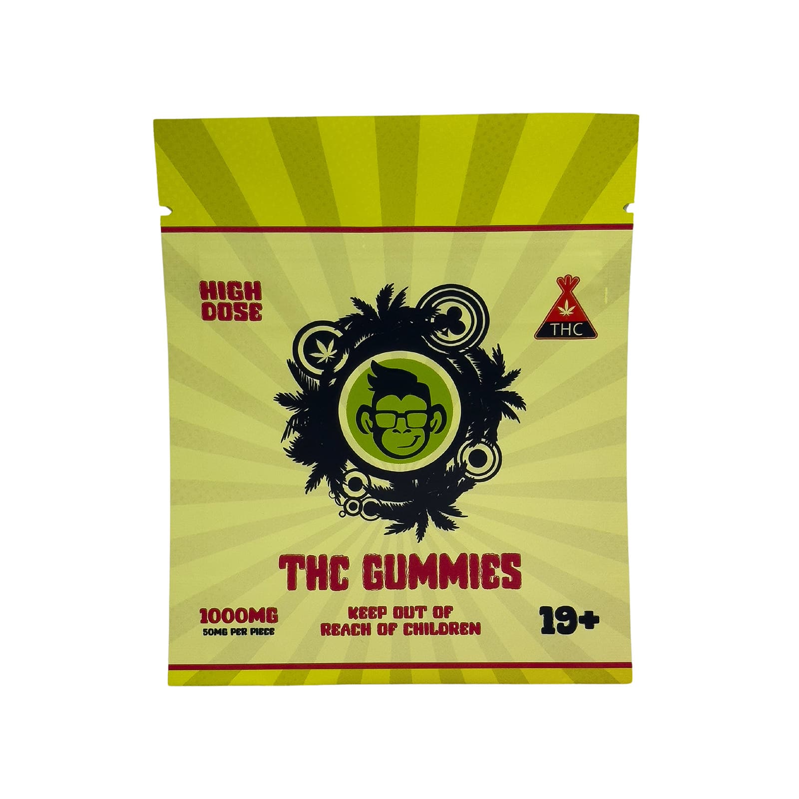 Green Monkey 1000mg assorted THC gummies in multiple colors and flavors in cannabis edible packaging