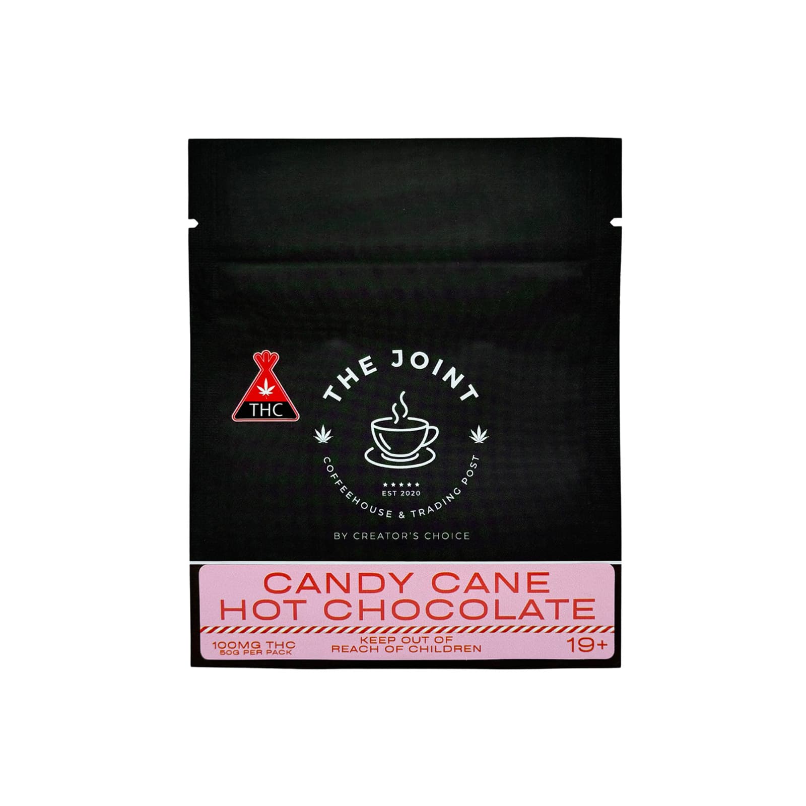 Candy cane THC hot chocolate drink mix packaging with festive peppermint design