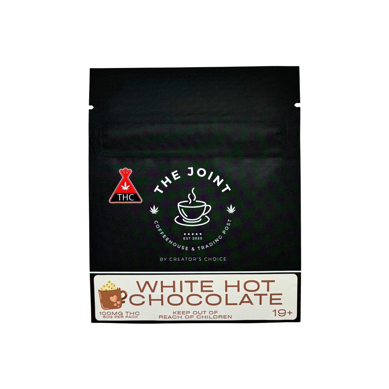 THC Hot Chocolate Candy Cane drink mix in white packaging with festive holiday design
