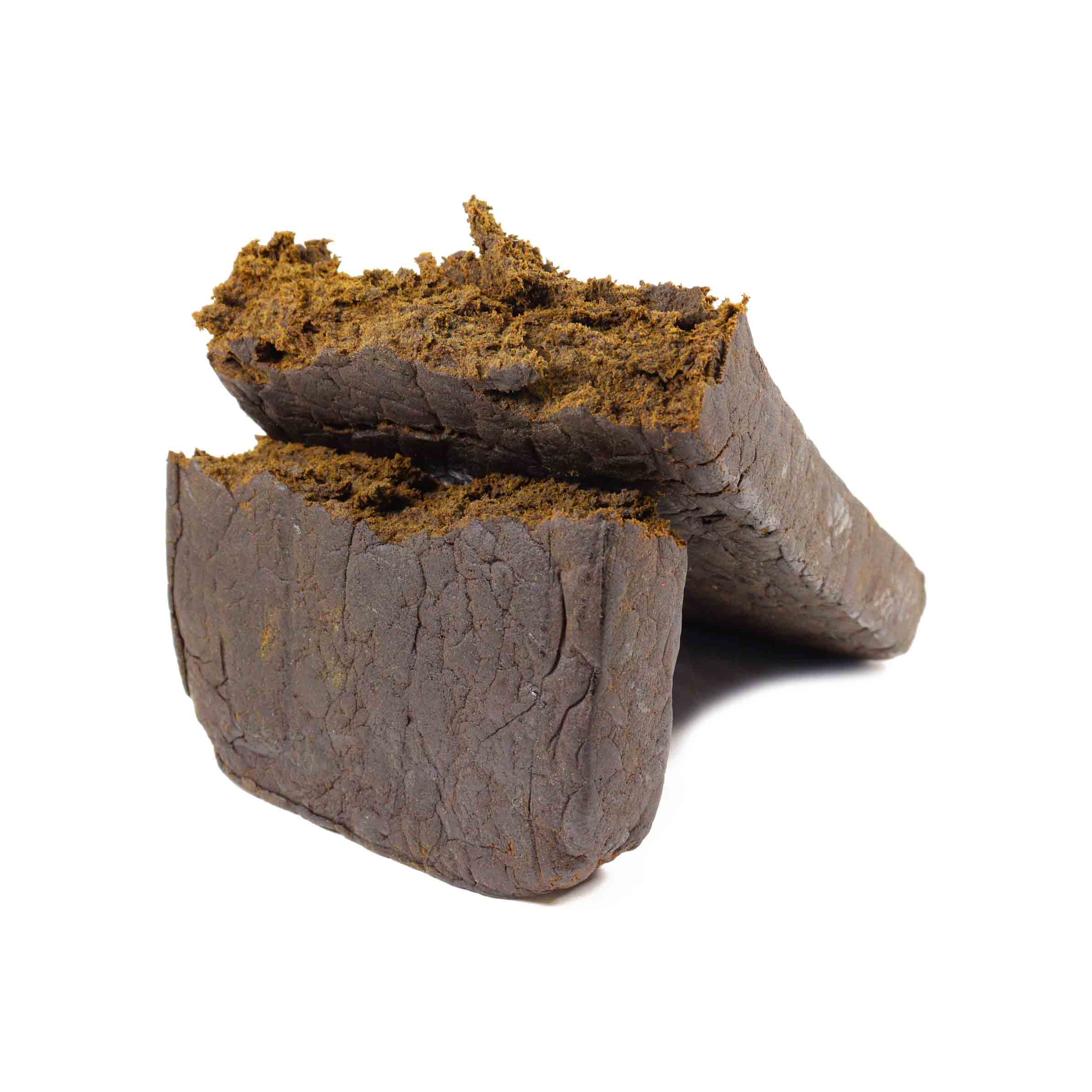 Dark brown AK Hash cannabis concentrate block 60g showing dense compressed texture with rich earthy tones
