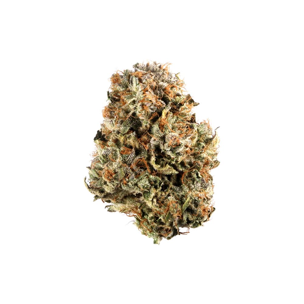 Blue Cheese cannabis flower, dense dark green buds with purple hues and frosty trichome coating