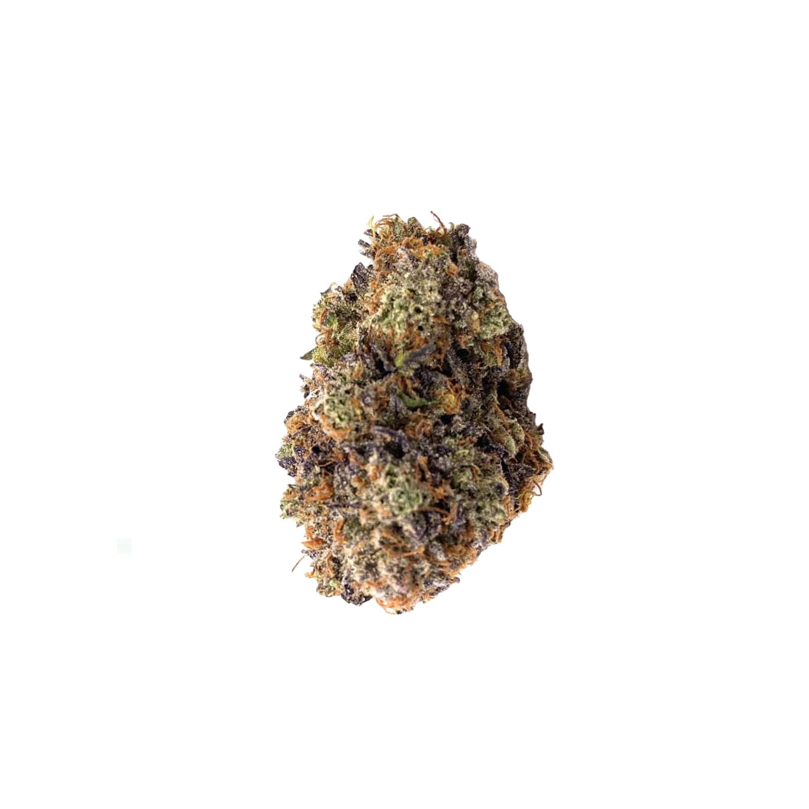 Death Bubba cannabis flower, dense dark green buds with purple hues and frosty trichomes, high THC indica strain