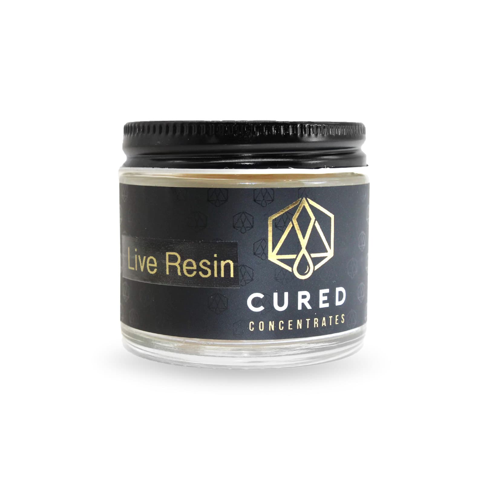 Cured cannabis concentrate live resin in a small glass jar showing golden amber translucent waxy texture