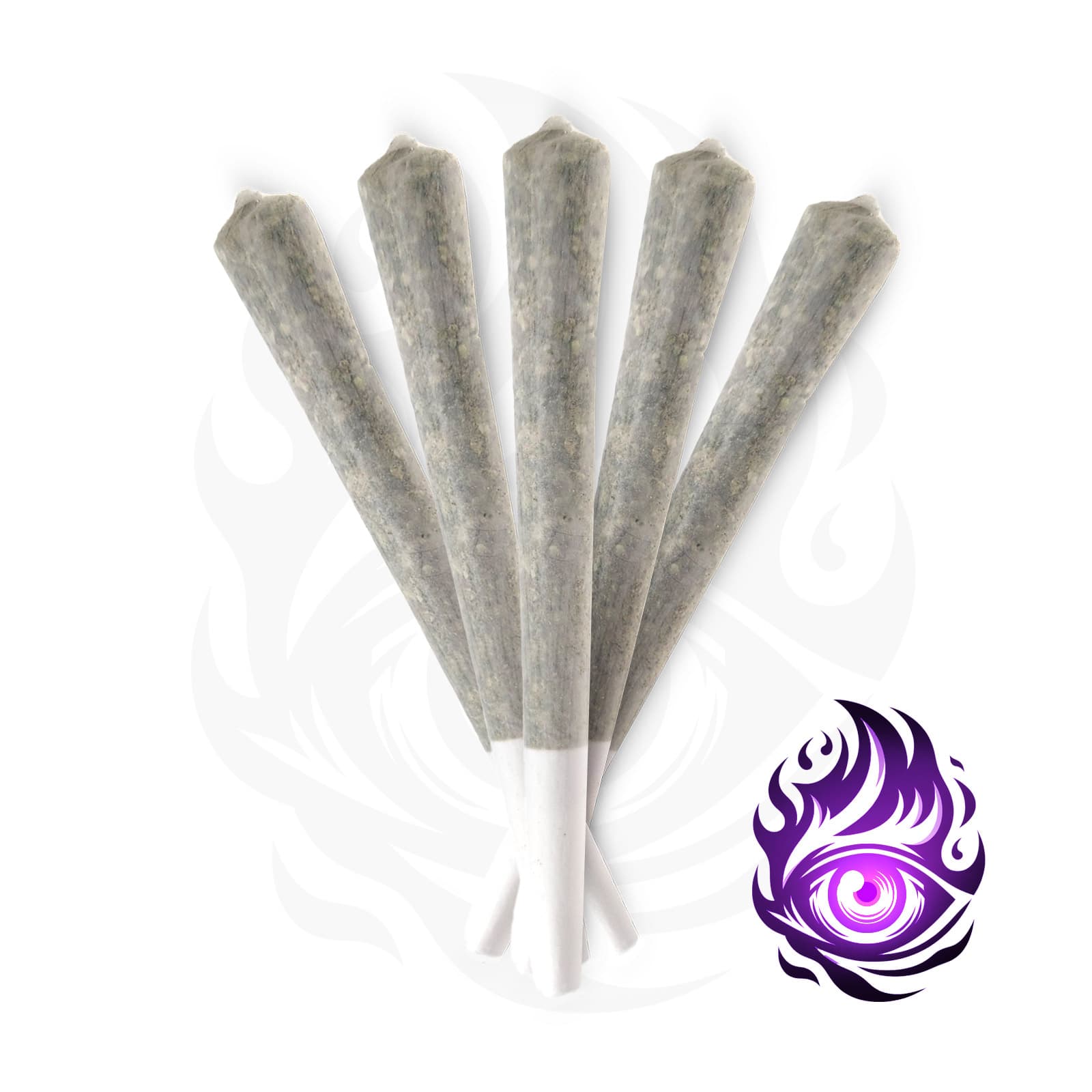 Five FIREEYE hybrid prerolls 1g each displayed together, premium cannabis joints ready to smoke