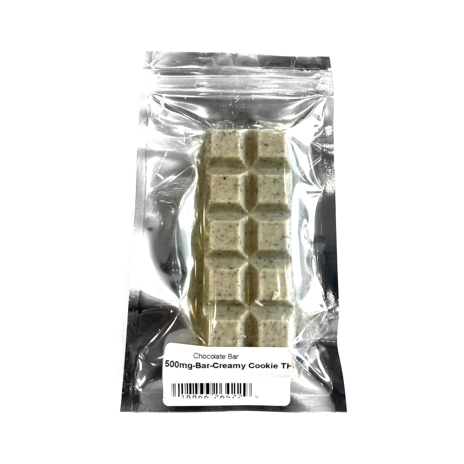 Back of Creators Choice Creamy Cookie Chocolate Bar wrapper showing THC dosage and ingredient details