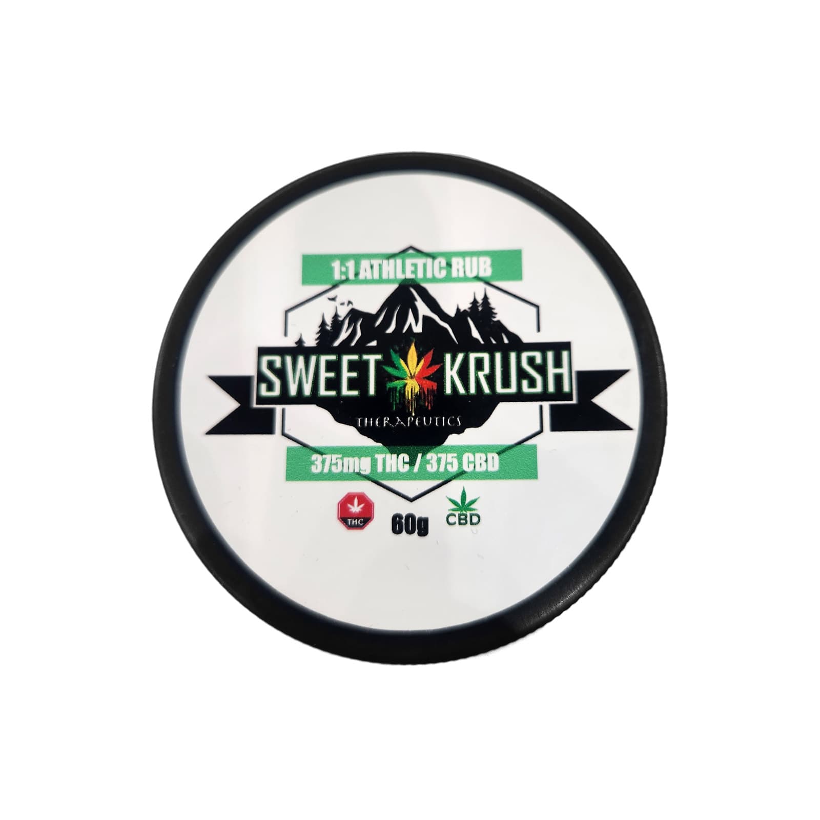 Sweet Krush 1:1 Athletic Rub therapeutic CBD THC balm in a compact container for muscle relief and recovery