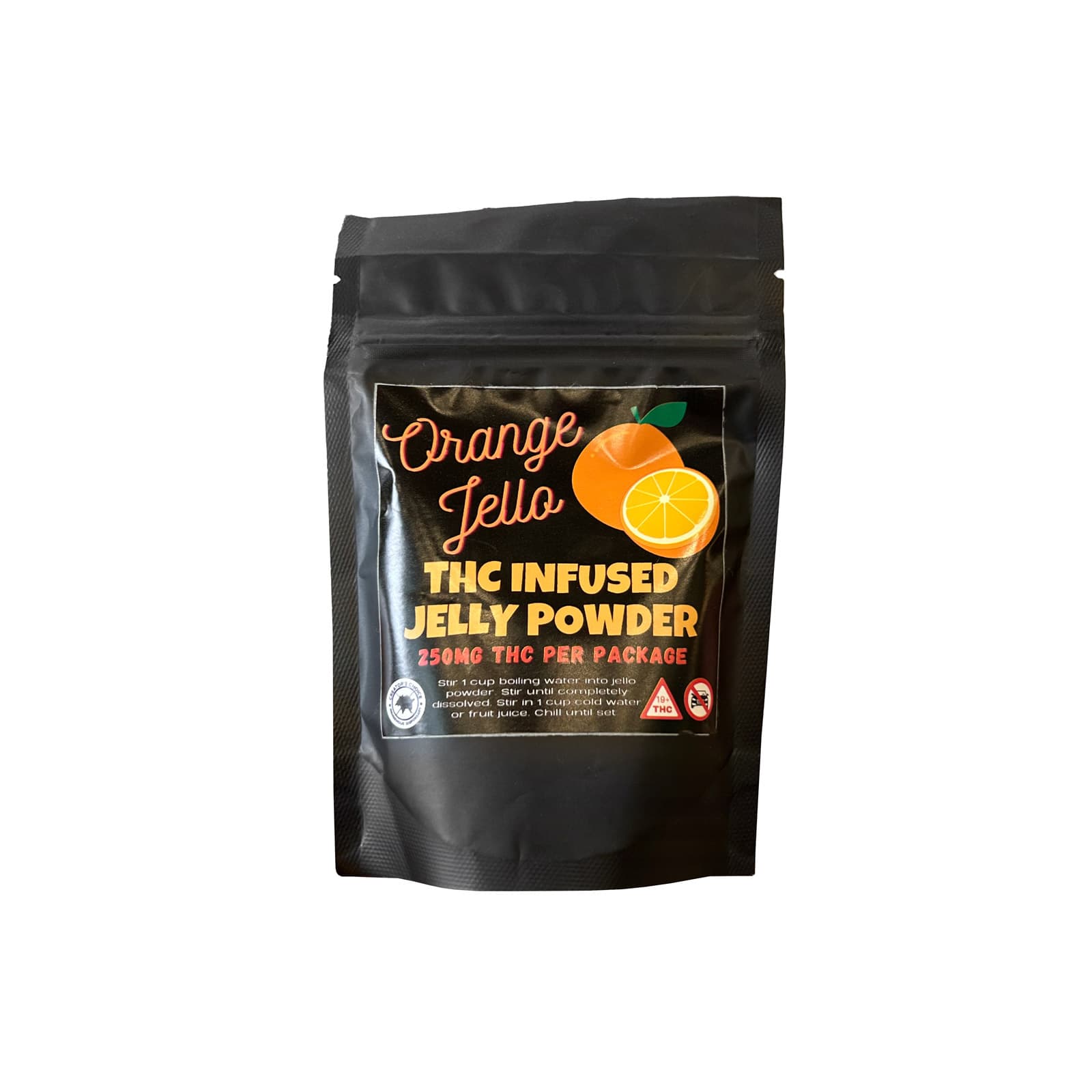 Orange THC infused jelly powder in a packet with bright citrus orange branding and cannabis infused labeling