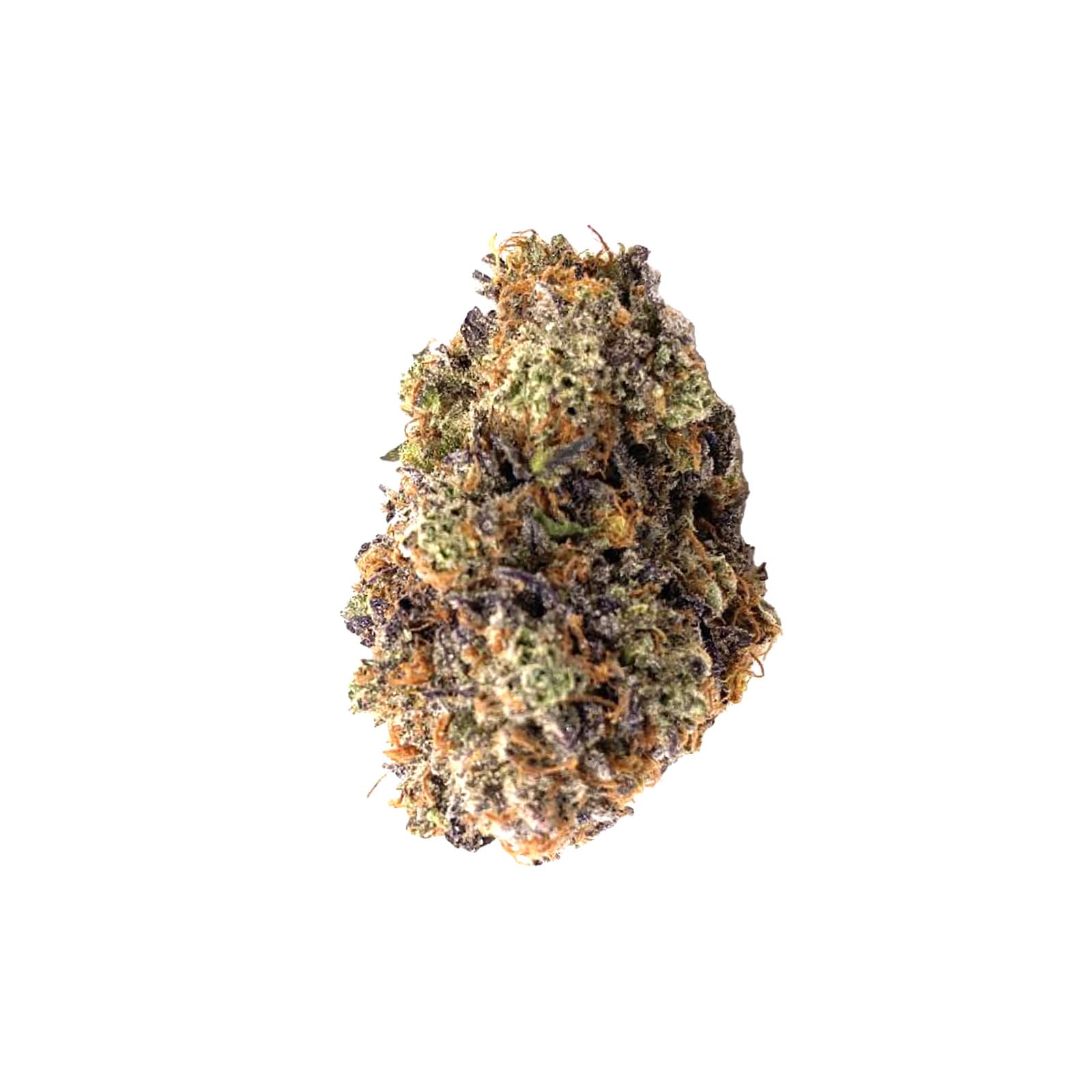 Death Bubba indica cannabis flower, dense dark green nugs with deep purple hues and thick white trichome coating