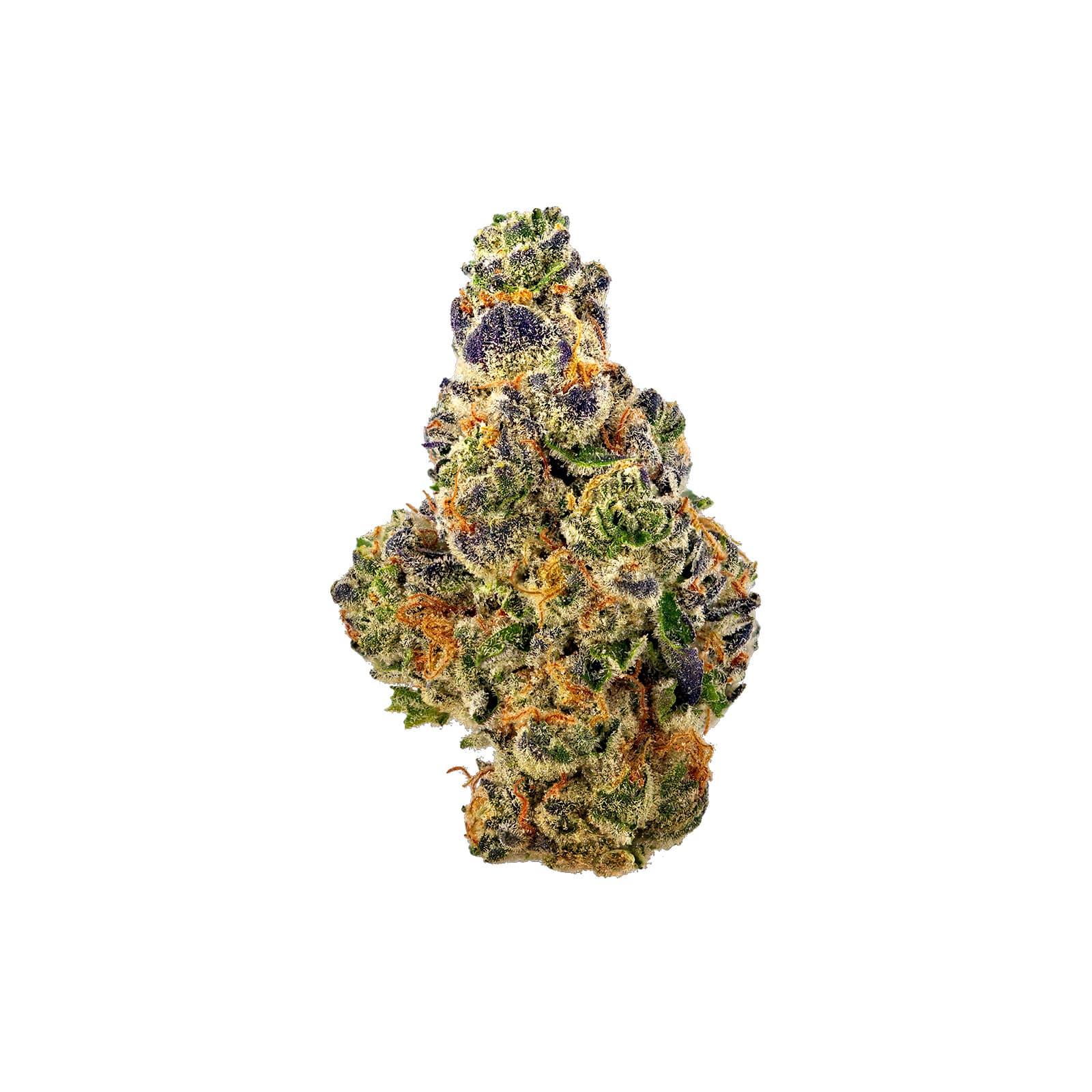 Close-up of God Bud cannabis flower, dense green buds with visible trichomes, premium daily ounce strain