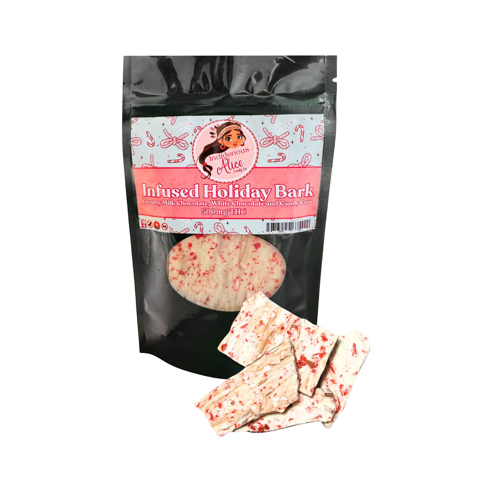 Infused Holiday Bark edible chocolate candy with festive holiday toppings by Company 35 THC 489