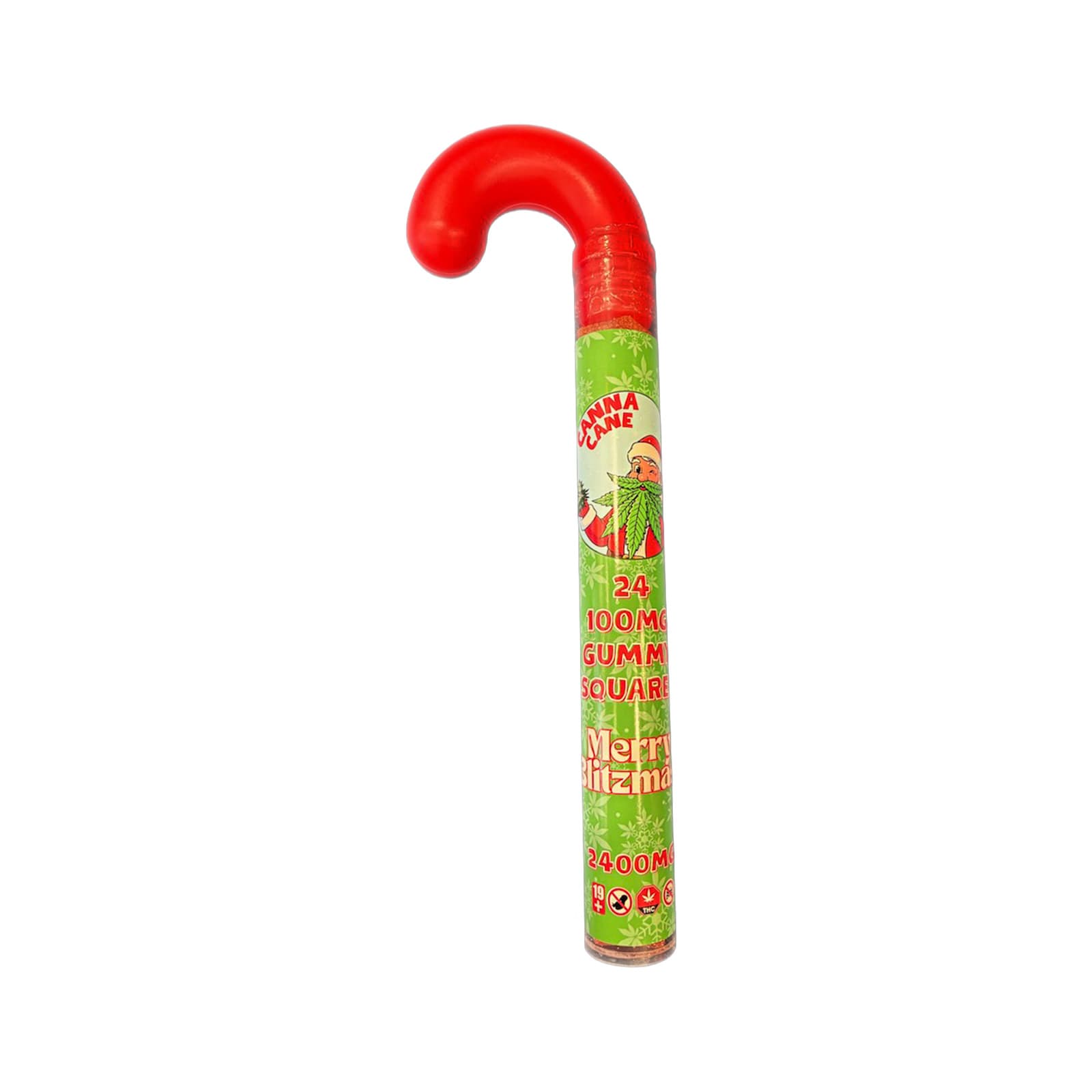 Canna Cane cannabis gummies in a candy cane shape, THC-infused edible treat with festive holiday design