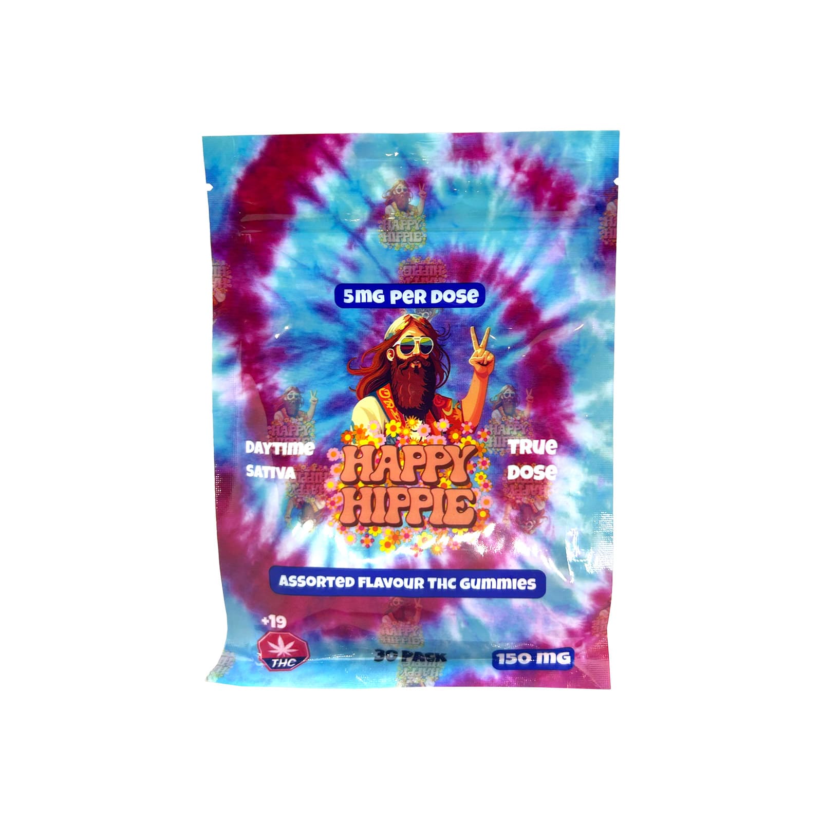 Happy Hippie 150mg Daytime Sativa gummies packaging featuring bright cheerful colors and cannabis-infused gummy edibles