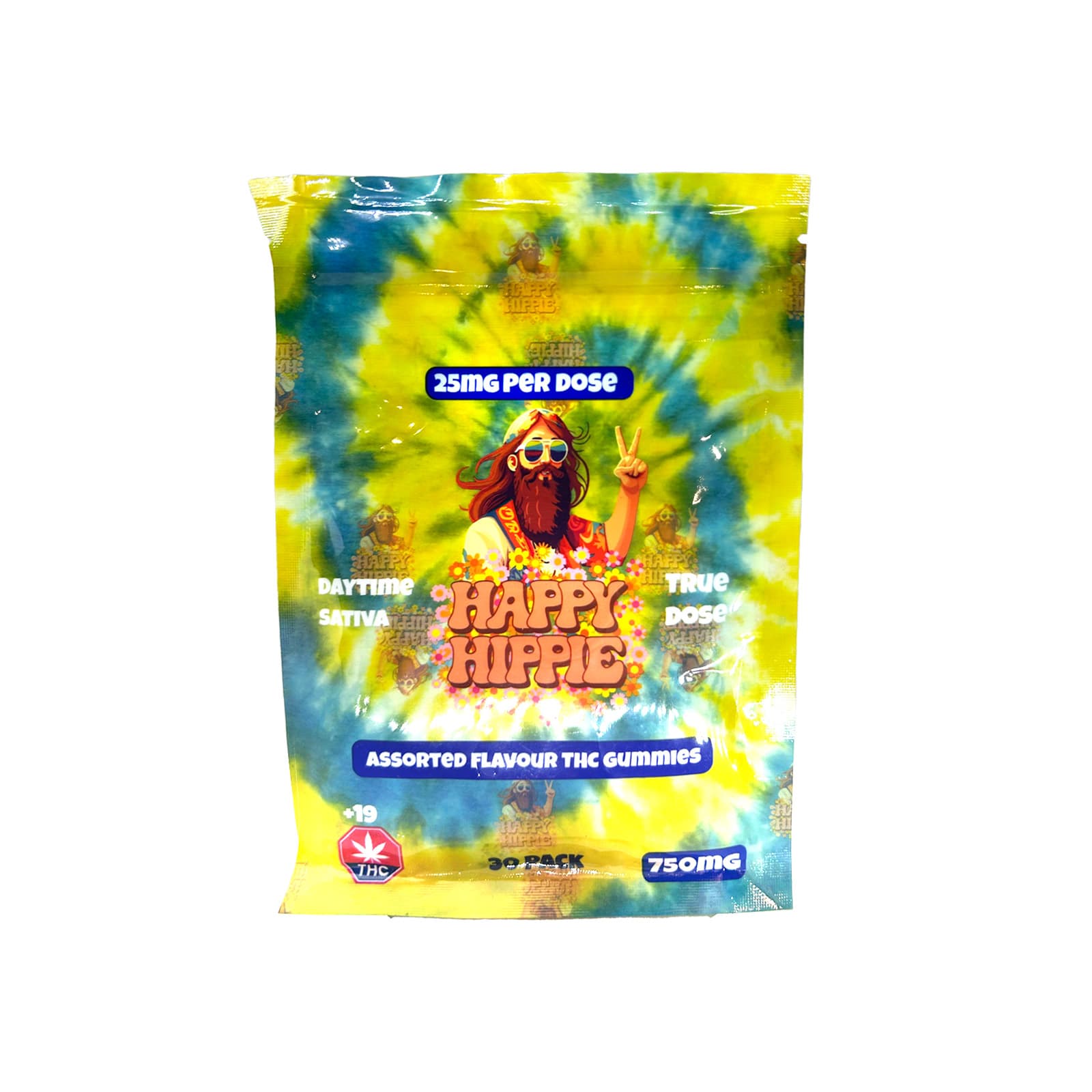 Happy Hippie Daytime Sativa 750mg gummy edibles in colorful hippie-themed packaging for daytime use