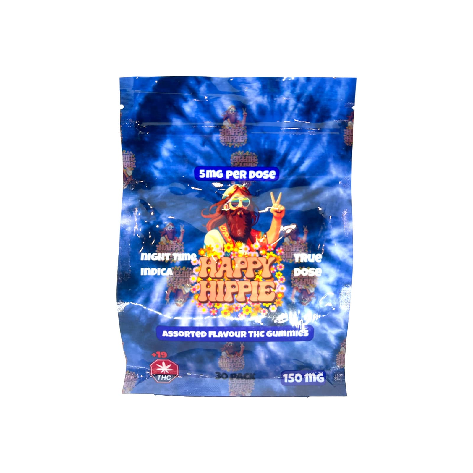 Happy Hippie 150mg Indica Night Gummies cannabis edibles colorful hippie-themed packaging