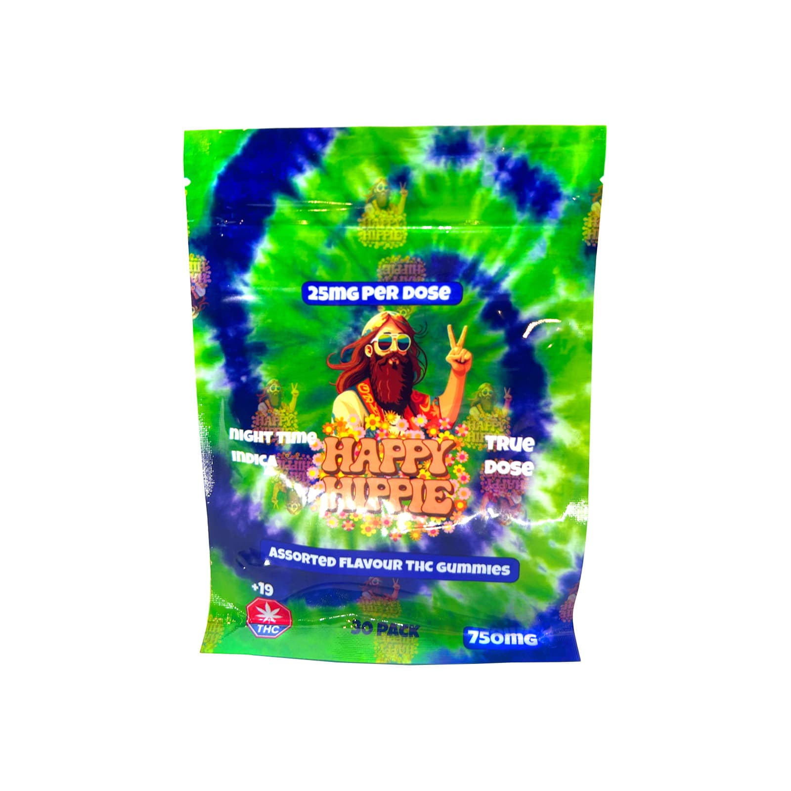 Happy Hippie 750mg Indica Night gummies, a relaxing cannabis edible for evening use