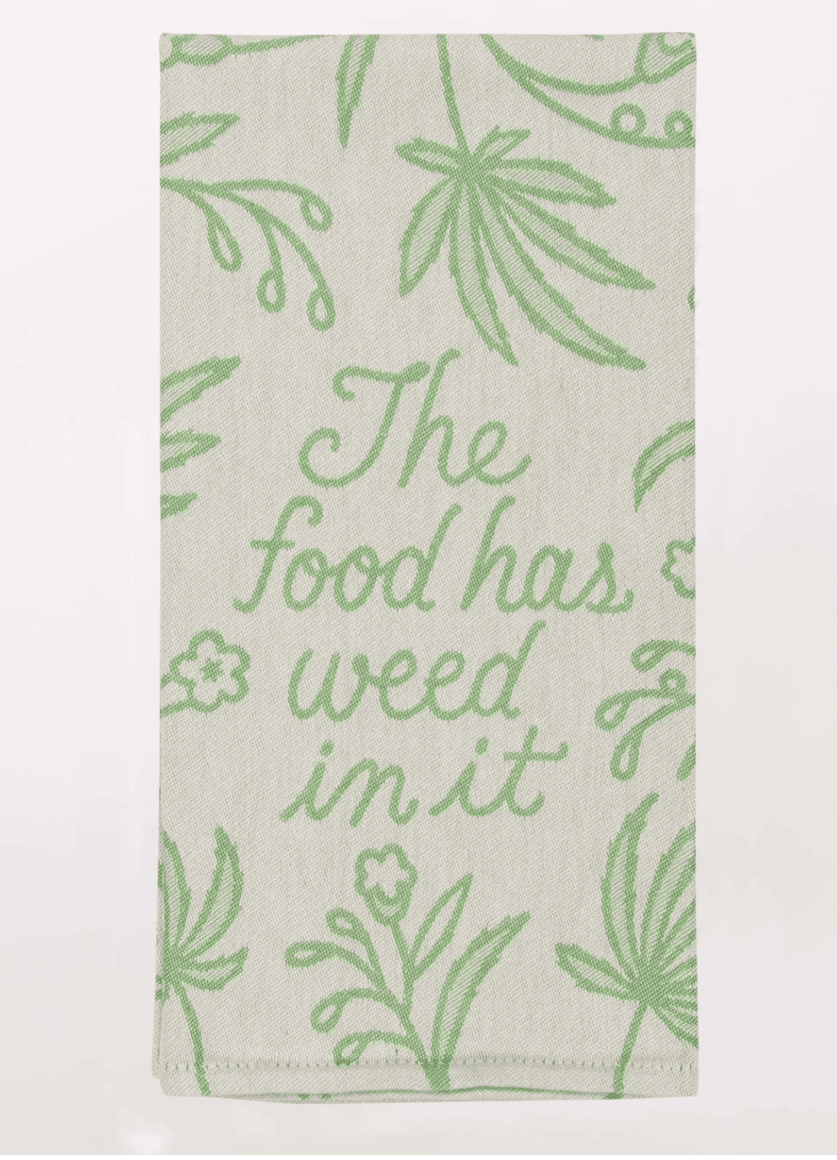 Cotton dish towel with funny food and weed themed graphic print design