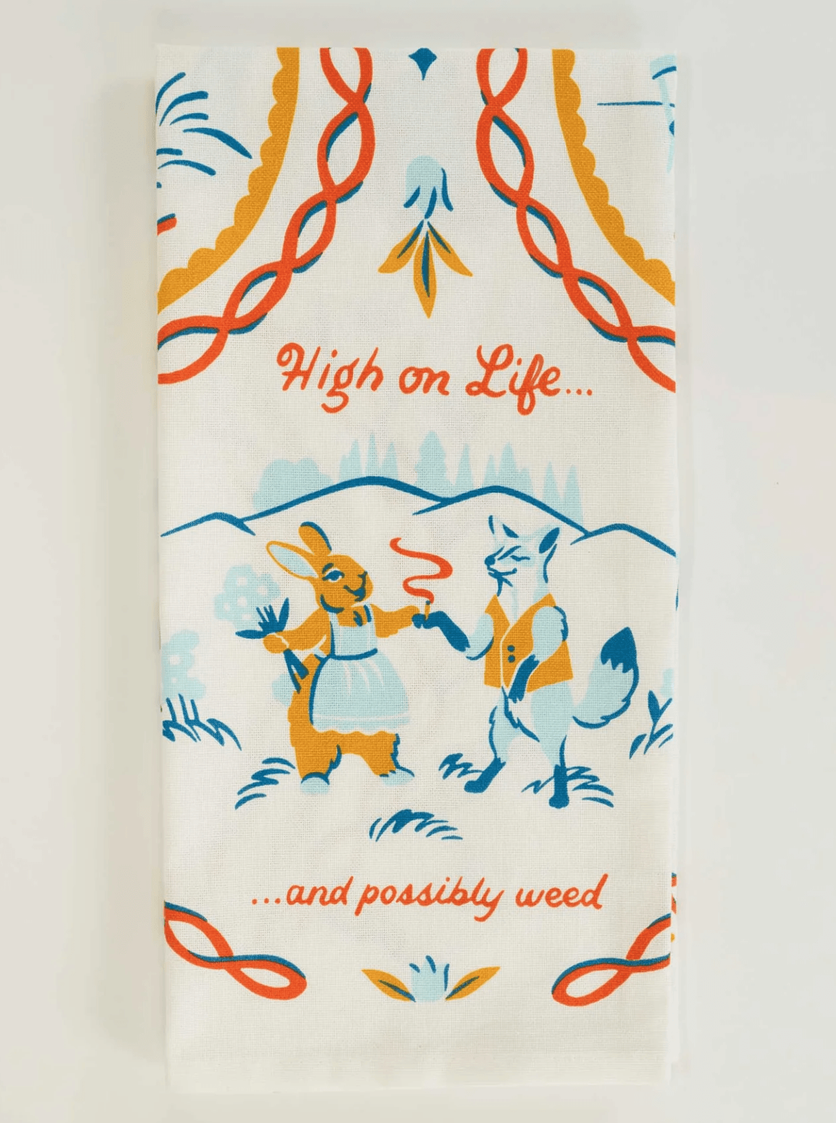 White cotton dish towel featuring a High on Life cannabis leaf graphic design