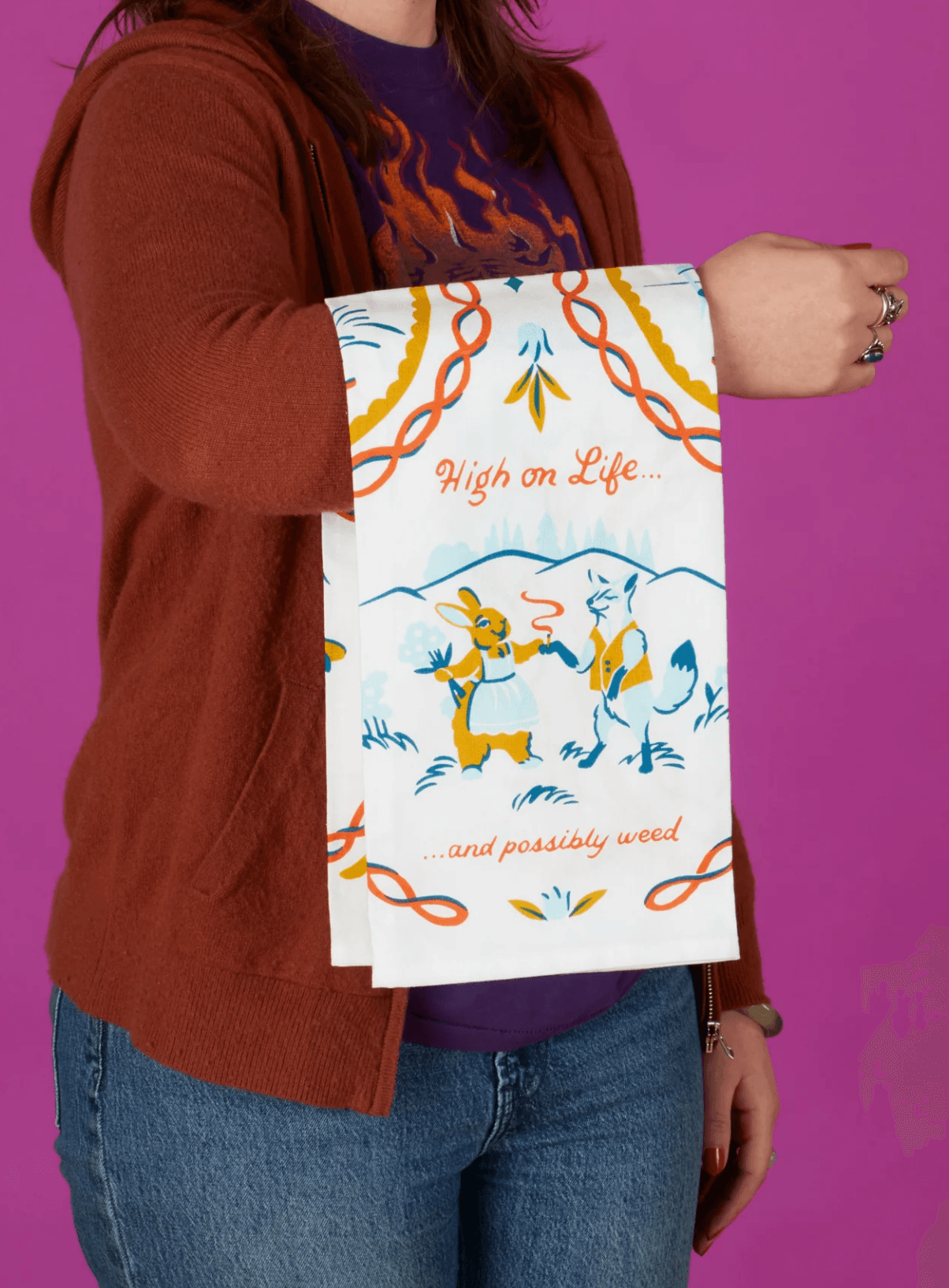 Cotton dish towel with High on Life weed-themed graphic print