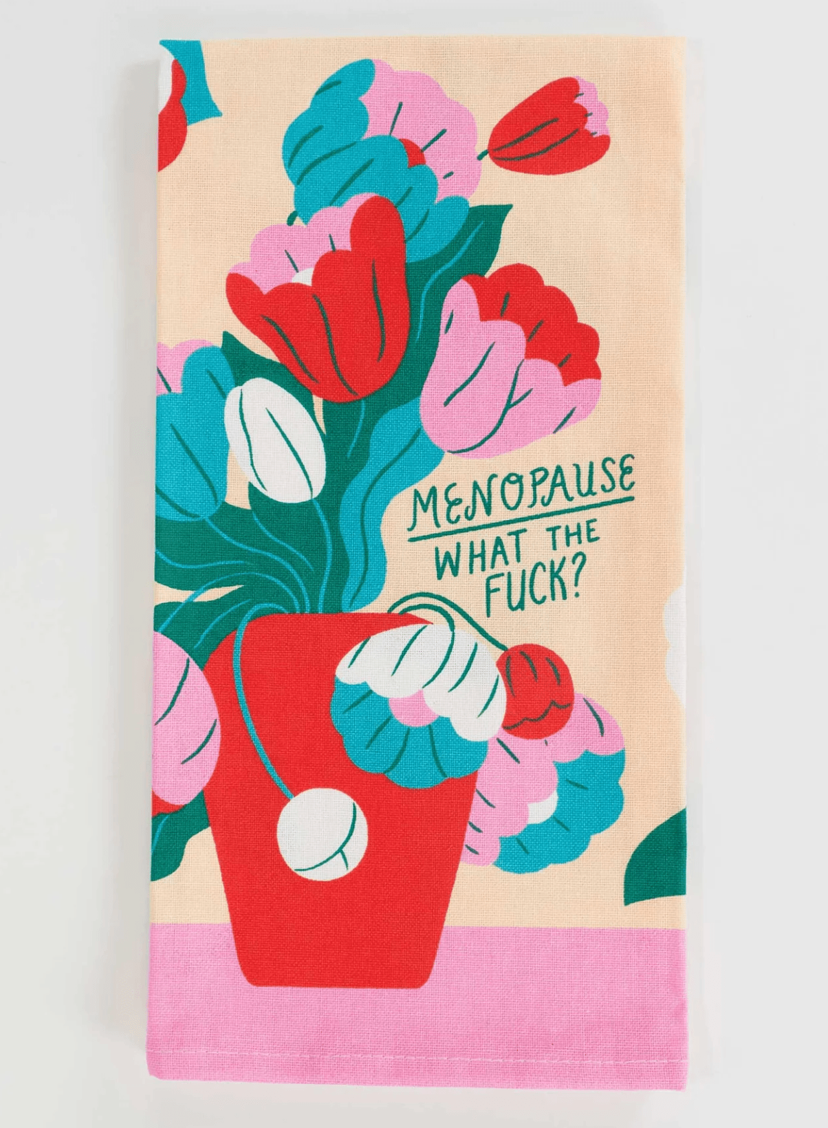 Funny menopause-themed cotton dish towel with humorous text or graphic design