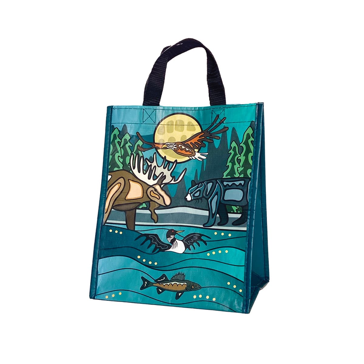 Small eco-friendly bag featuring indigenous art design made from recycled materials