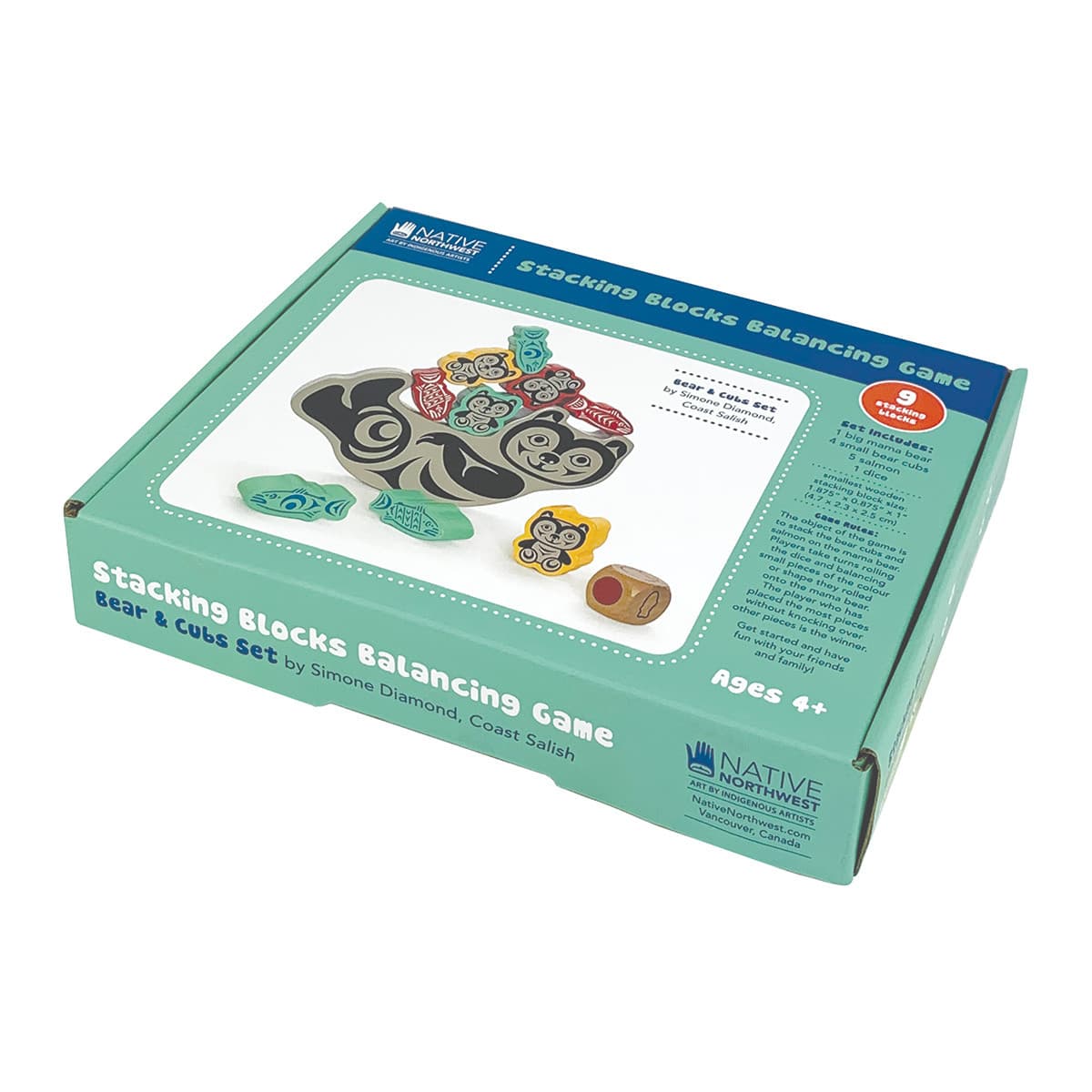 Wooden balancing game featuring colorful bear cub figures stacked on a teeter-totter style base