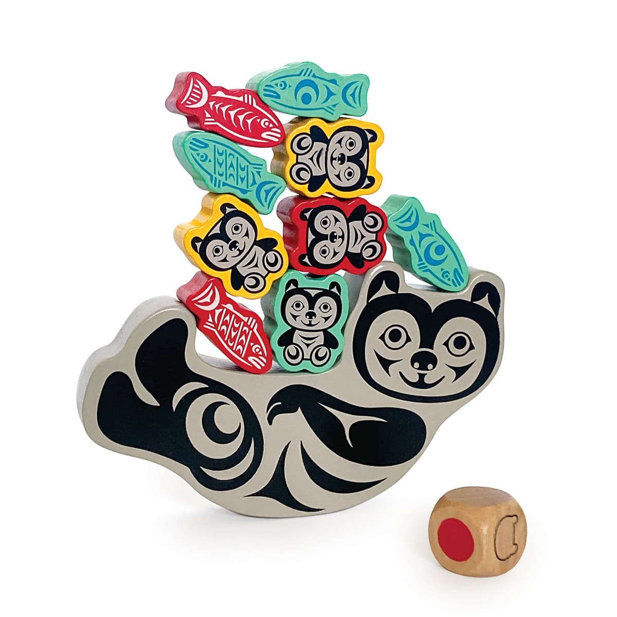Wooden balancing game featuring bear cub figures stacked on a balancing base