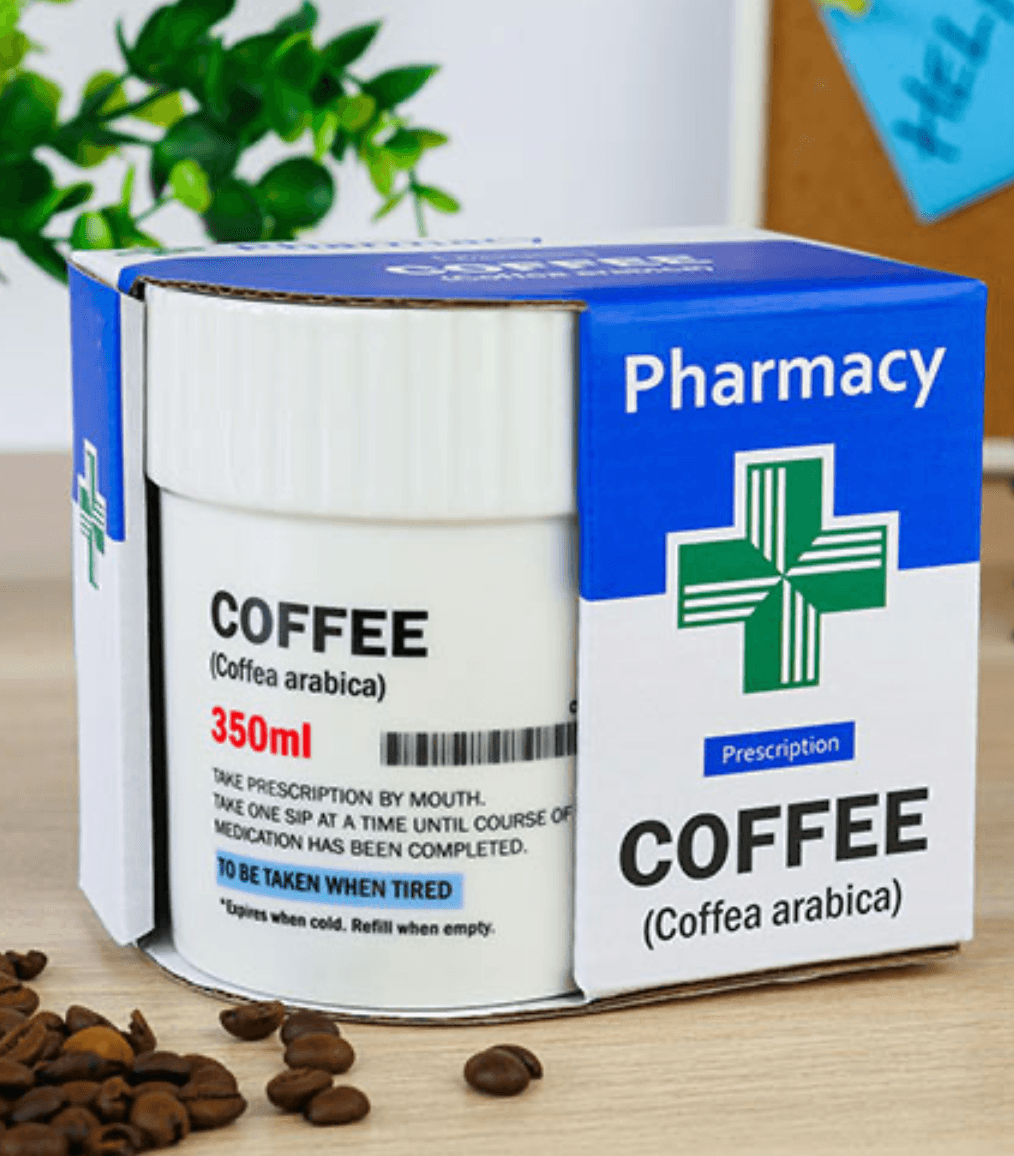 White ceramic coffee mug with a prescription label design printed on it