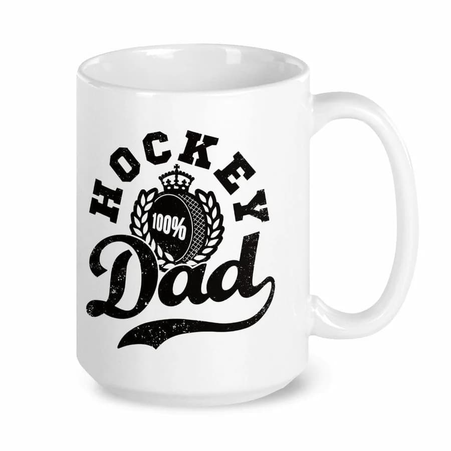 White ceramic 15oz hockey dad mug back view showing design detail