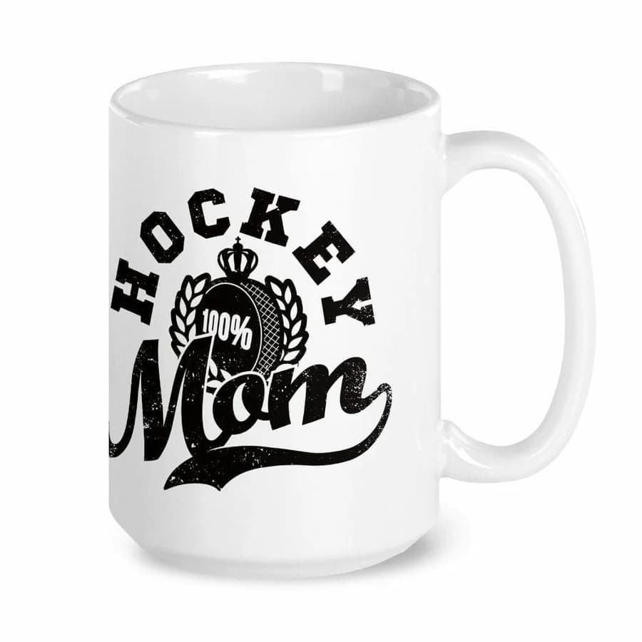 White ceramic 15oz hockey mom mug front view with decorative text or graphic design