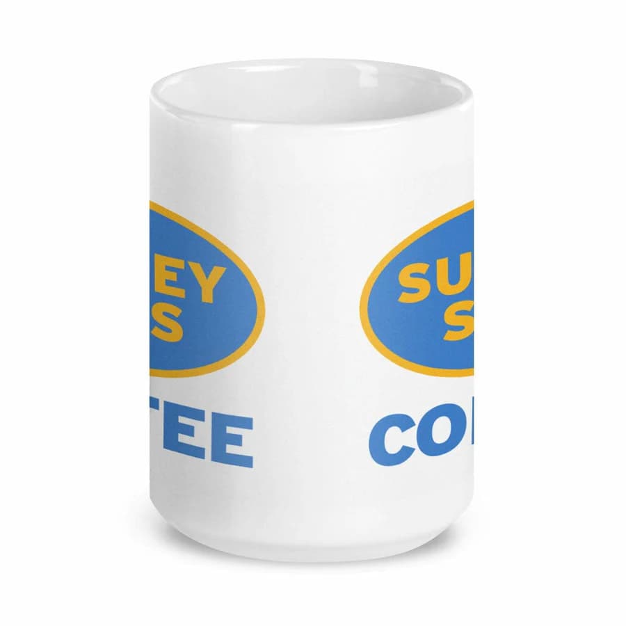 White ceramic coffee mug with Survey Says text printed on the side
