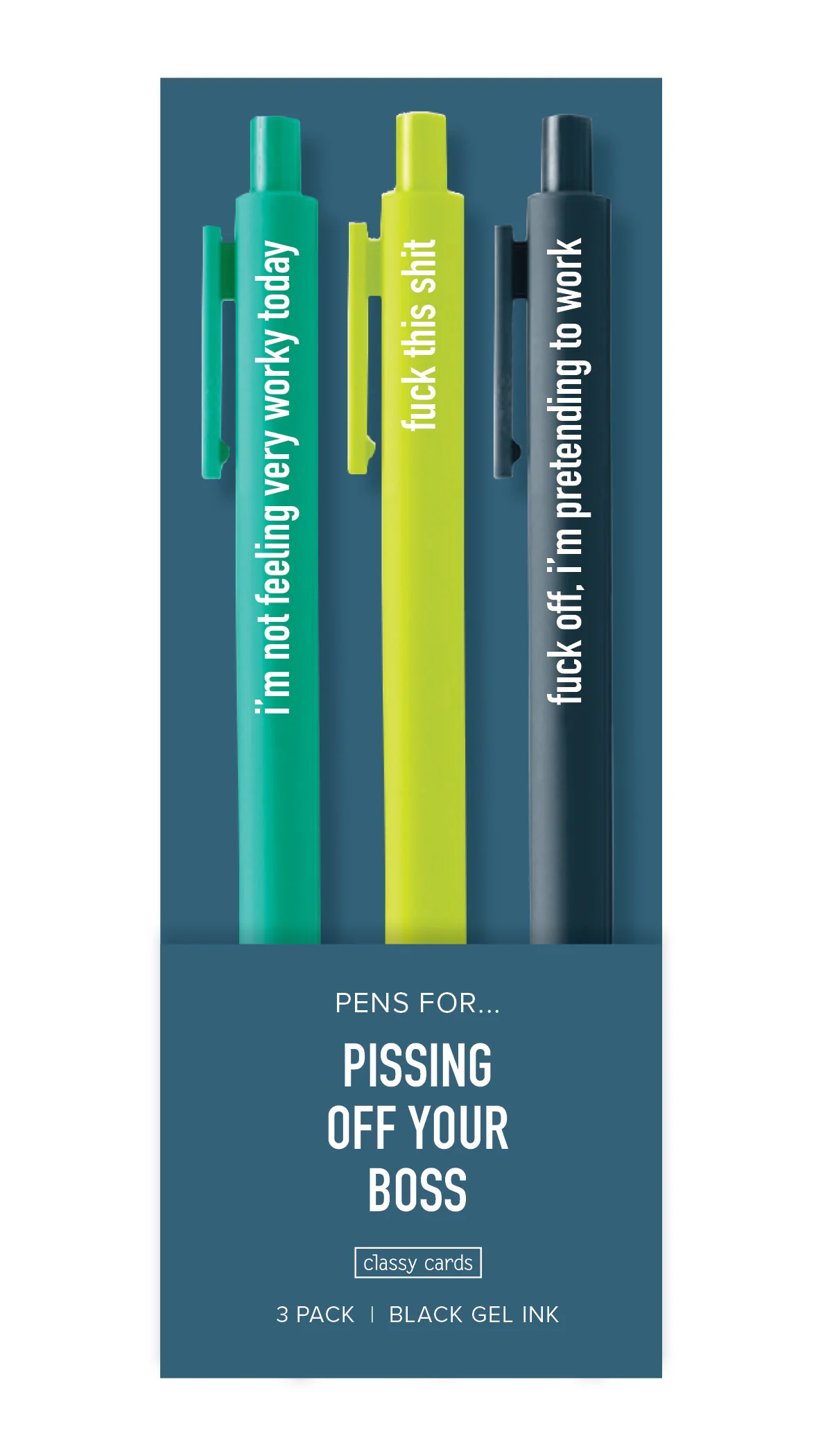 Funny Boss gel ink pens displayed together, vibrant colors with humorous novelty design for office use