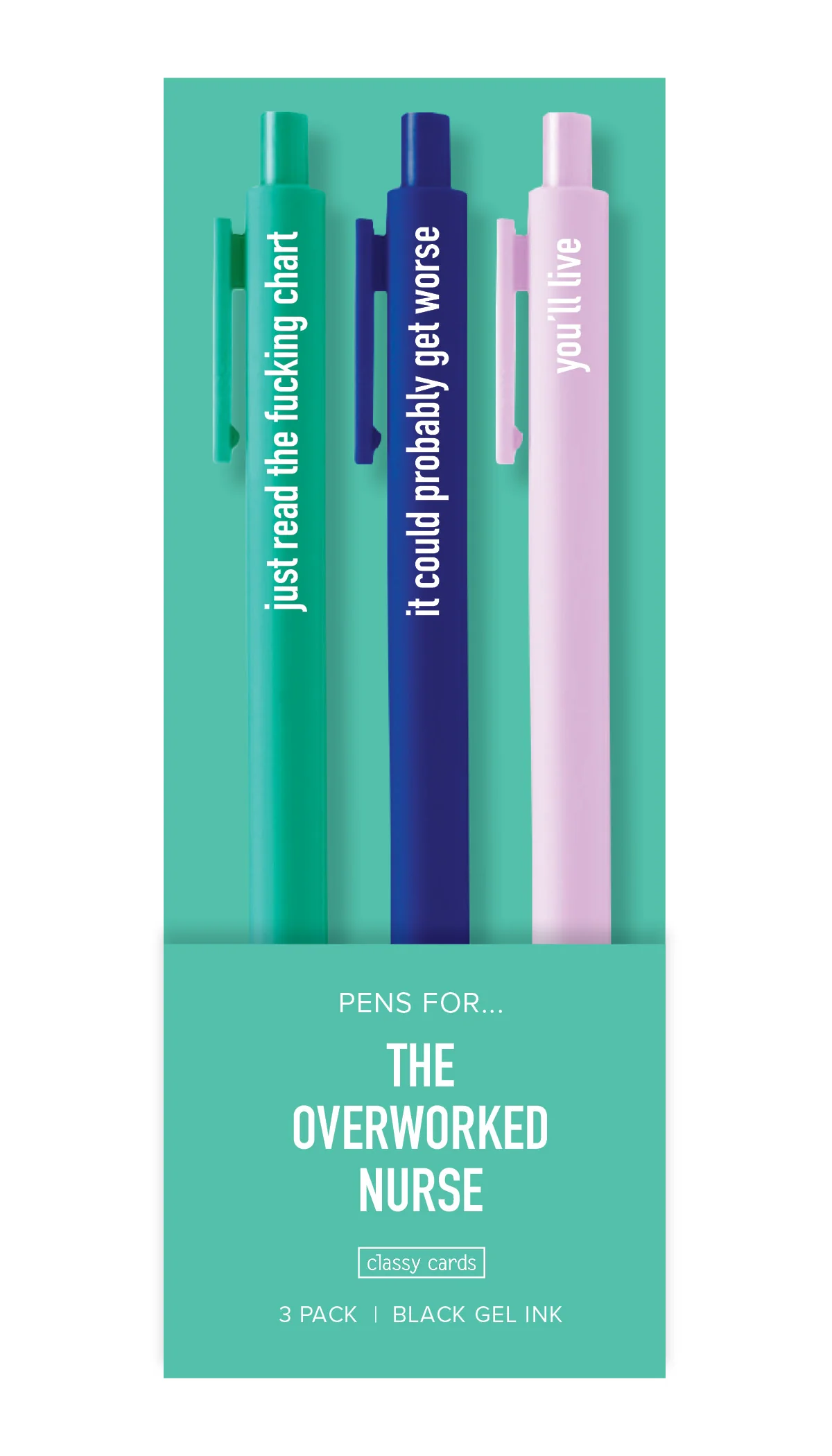 Funny nurse-themed gel ink pens with humorous medical sayings, perfect for healthcare professionals