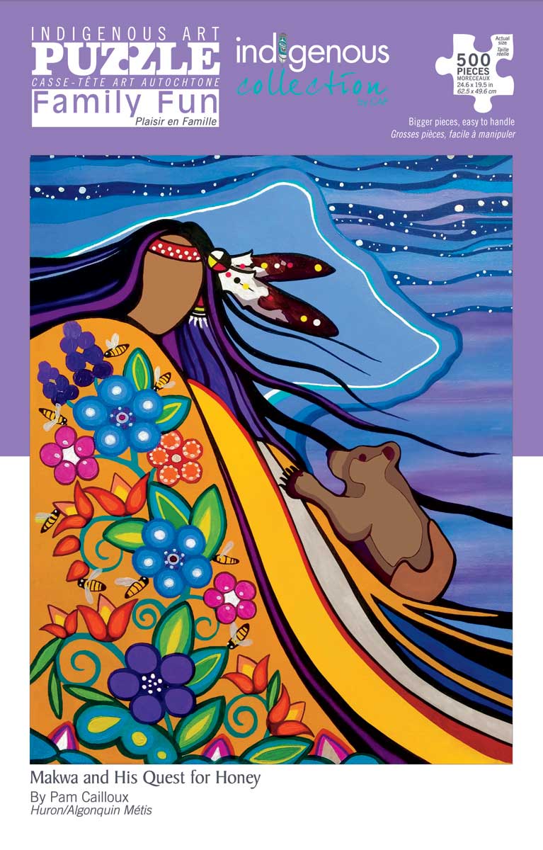 Makwa Honey 500-piece jigsaw puzzle box featuring a bear-themed design with colorful puzzle pieces scattered nearby