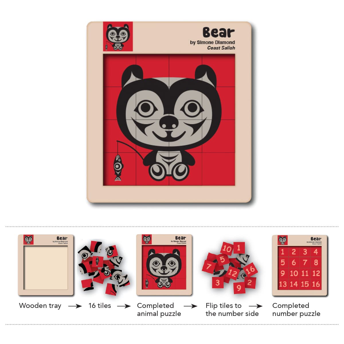Wooden puzzle tile featuring a bear design by Simone Diamond